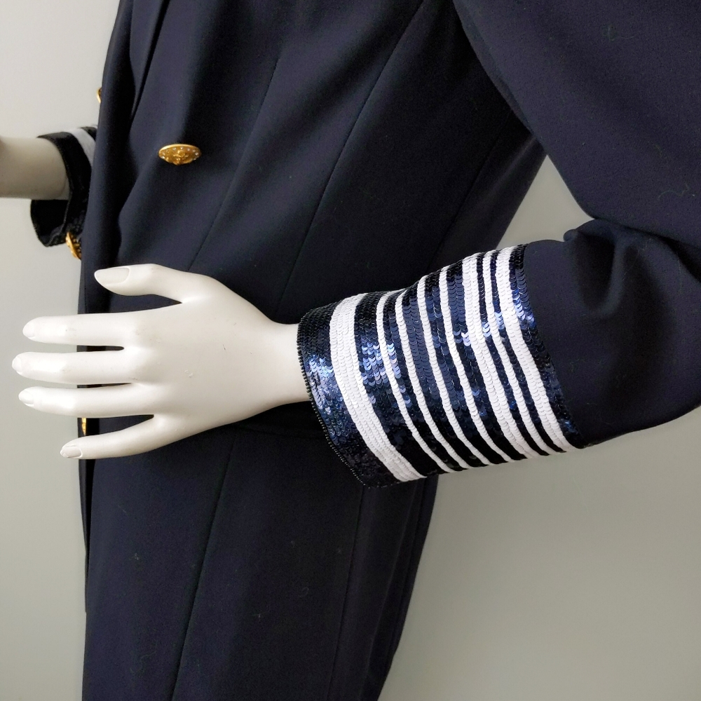 Vtg 80s Escada Sequin Collar Cuff Naval Blazer 38 - Picture 5 of 8